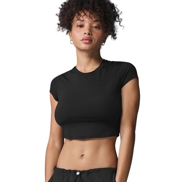 ALO Alosoft Crop Finesse Short Sleeve Short Sleeve Black Small NEW Crop Top - Picture 1 of 3